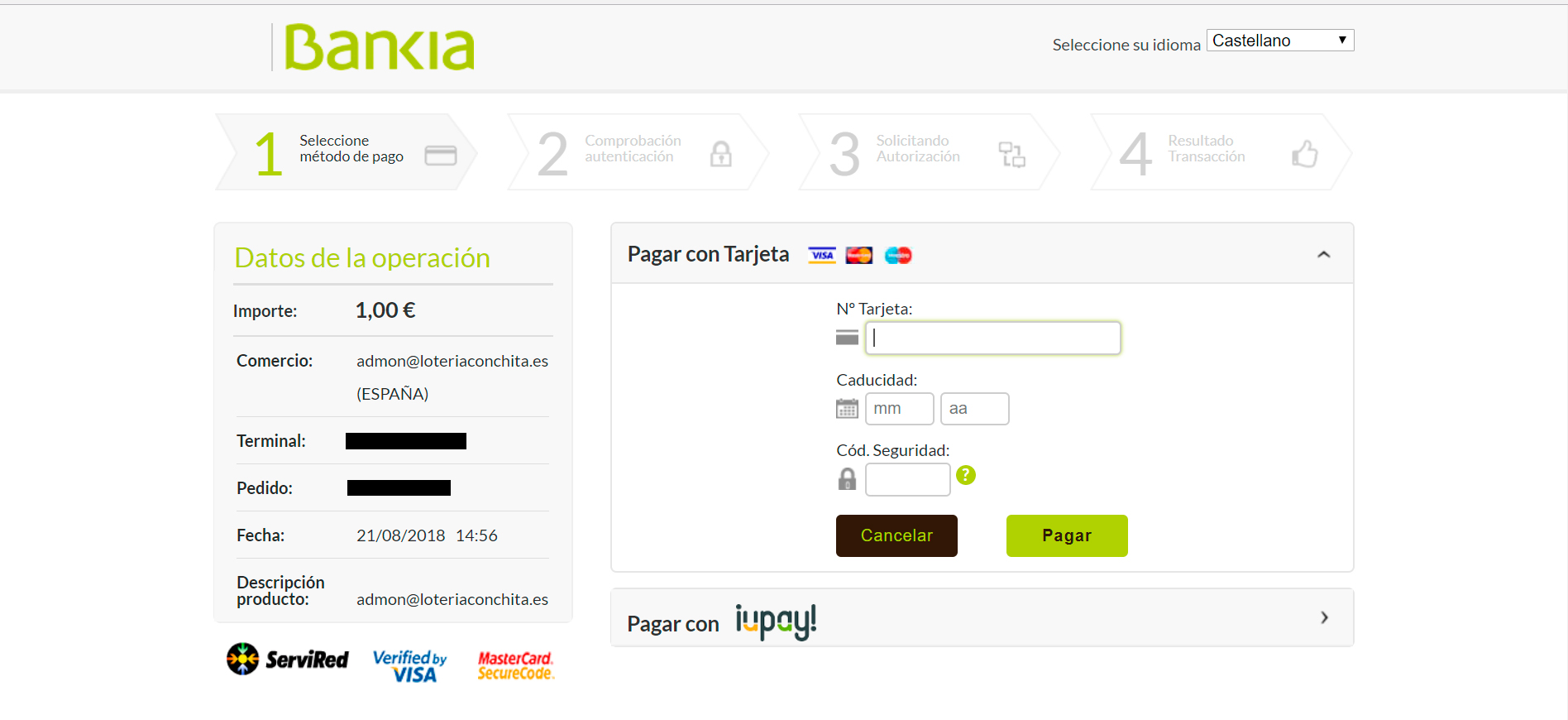 Pago de La Primitiva a trav&eacute;s de Bankia en la web de Loter&iacute;a Conchita