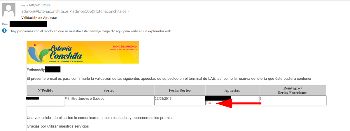 E-mail confirmación de La Primitiva por Lotería Conchita